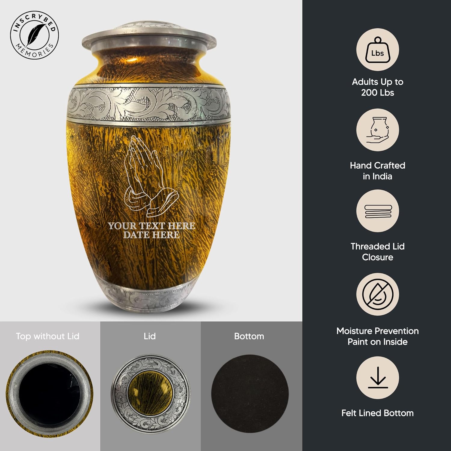 Elegant Personalized Cremation Urn - Praying Hands Design 200 Cubic Inch Gold