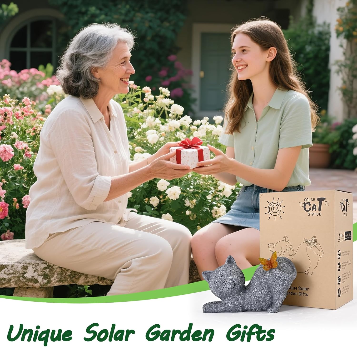 Solar Cat Garden Statue with Glowing Butterfly