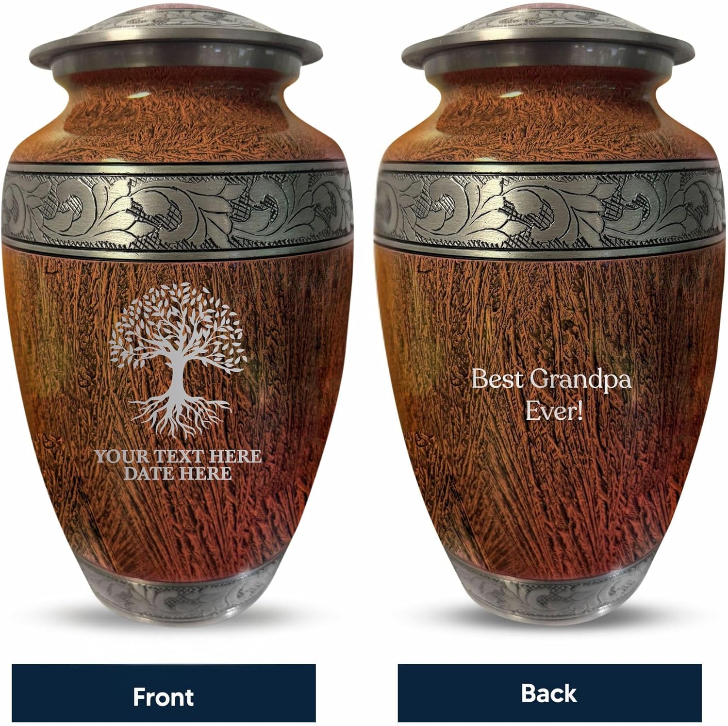 Personalized Large Adult Cremation Urn - Custom Engraved Memorial with Distressed Silver Inlay