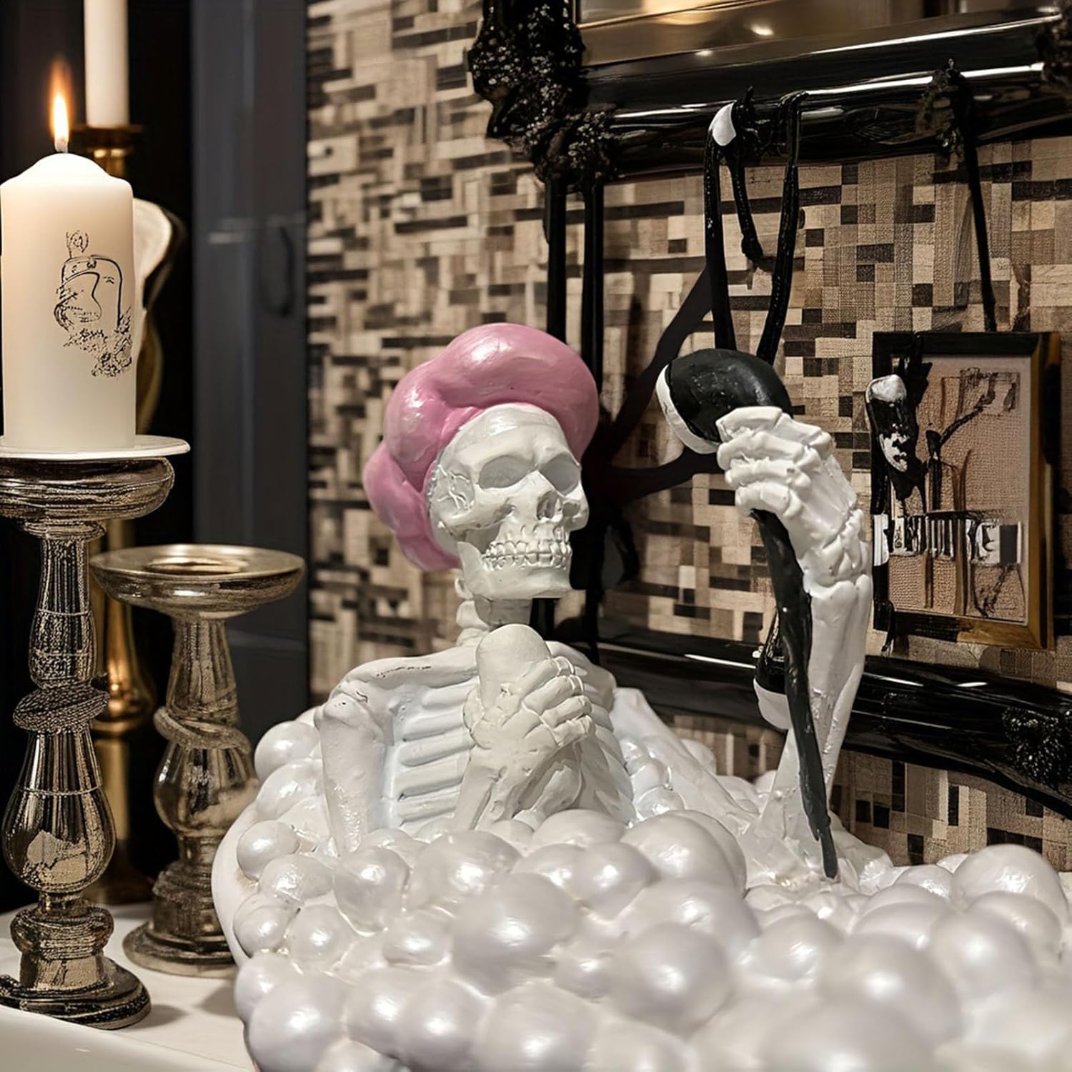 Whimsical Halloween Skeleton in Pink Bath Tub Figurine