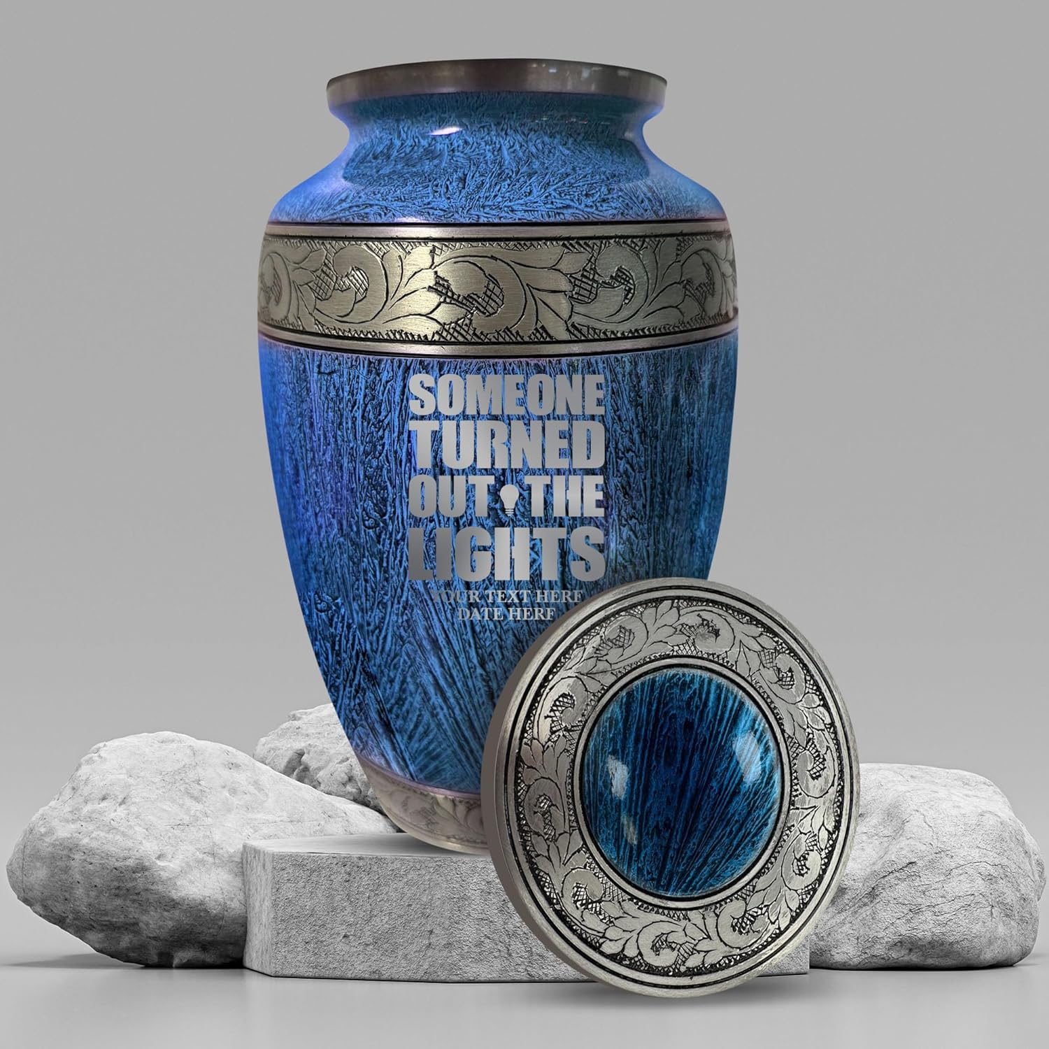 Personalized Large Adult Cremation Urn with Funny Engraved Design 200 Cubic Inches Blue