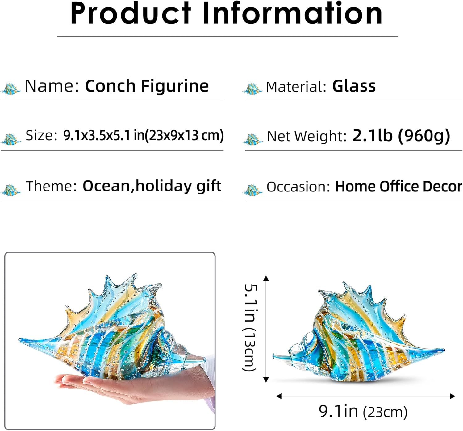 EUSTUMA Hand Blown Glass Conch Figurine Ornament