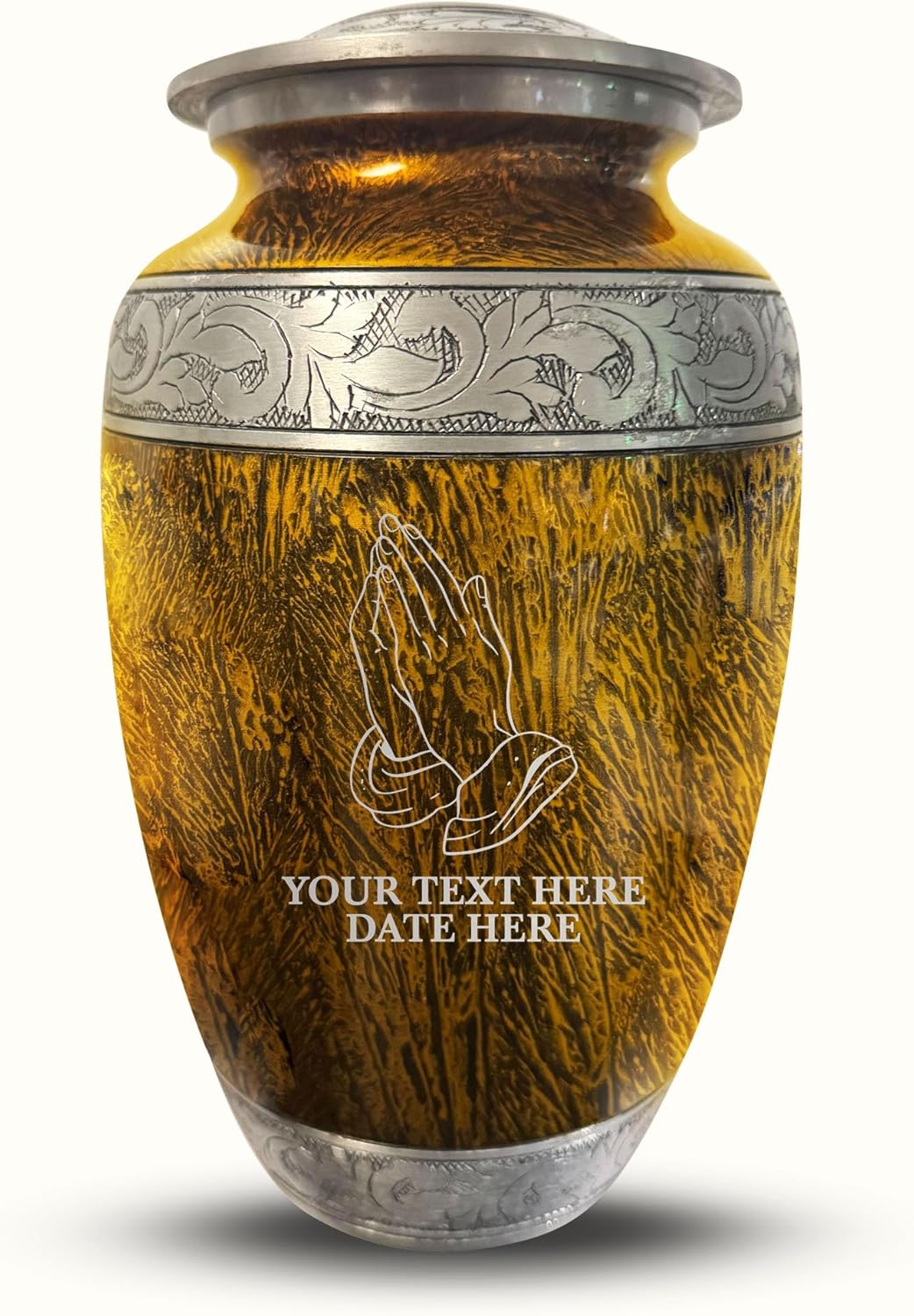 Elegant Personalized Cremation Urn - Praying Hands Design 200 Cubic Inch Gold