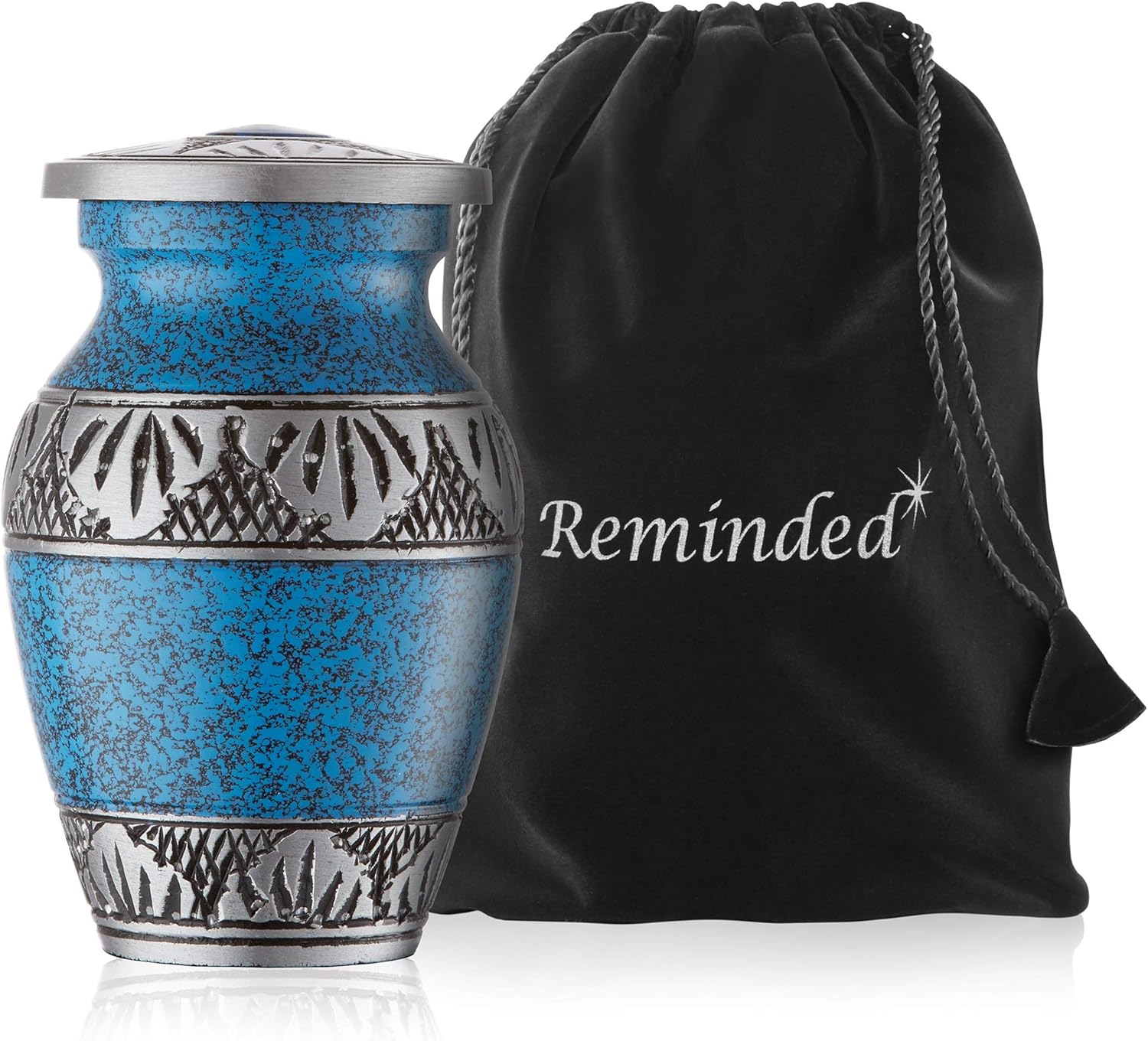 Reminded Small Cremation Urns Set of 4 Blue and Silver with Velvet Case