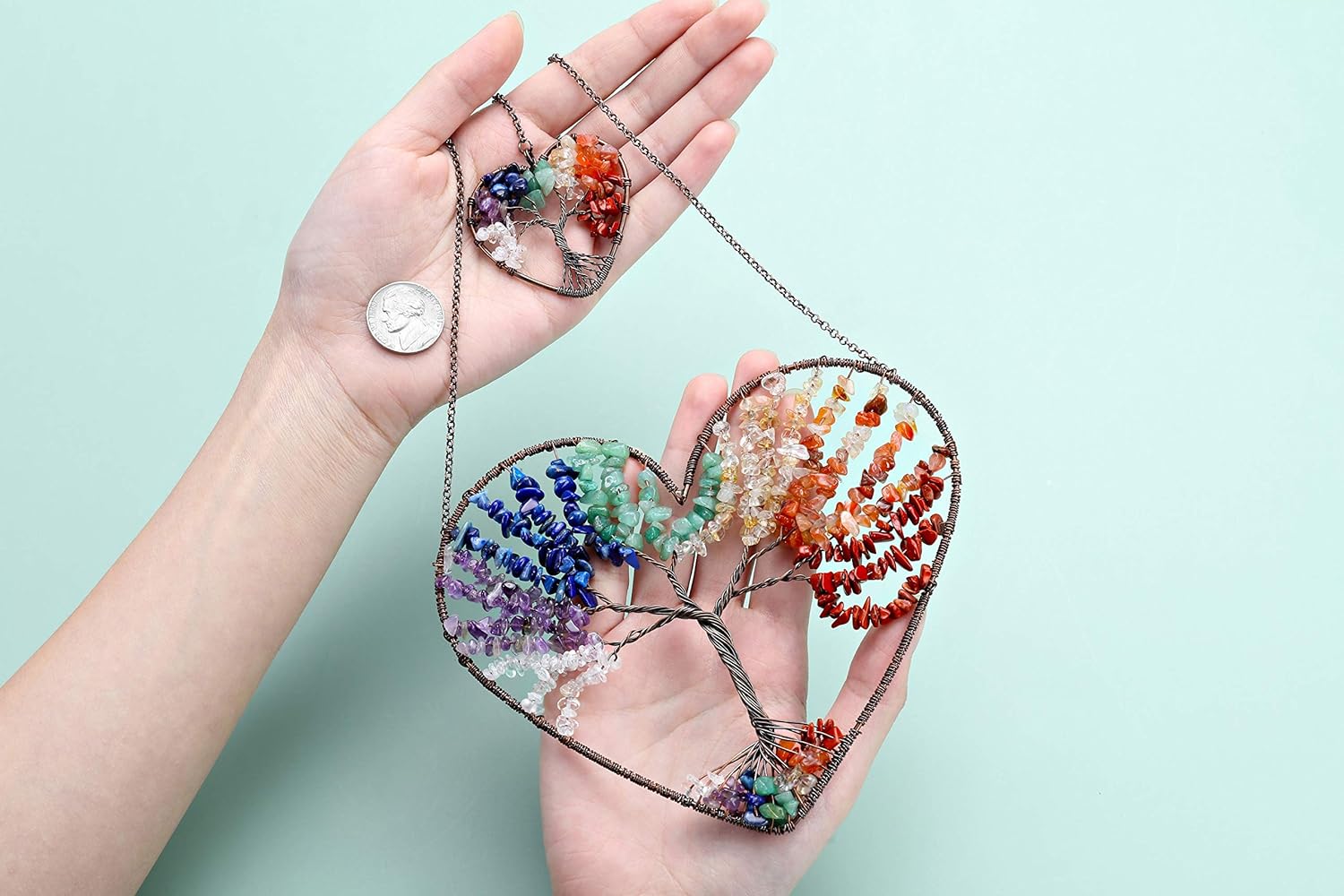 JOVIVI Double Heart Tree of Life Healing Crystal Wall Hanger