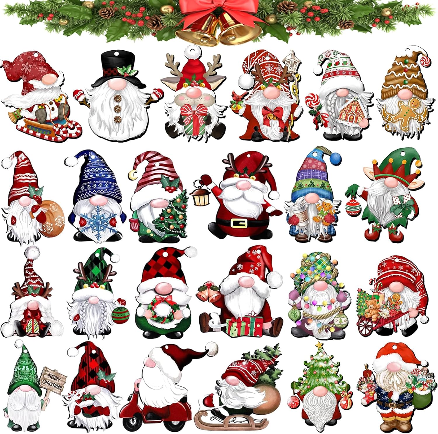 24 Wooden Gnome Christmas Ornaments for Decor