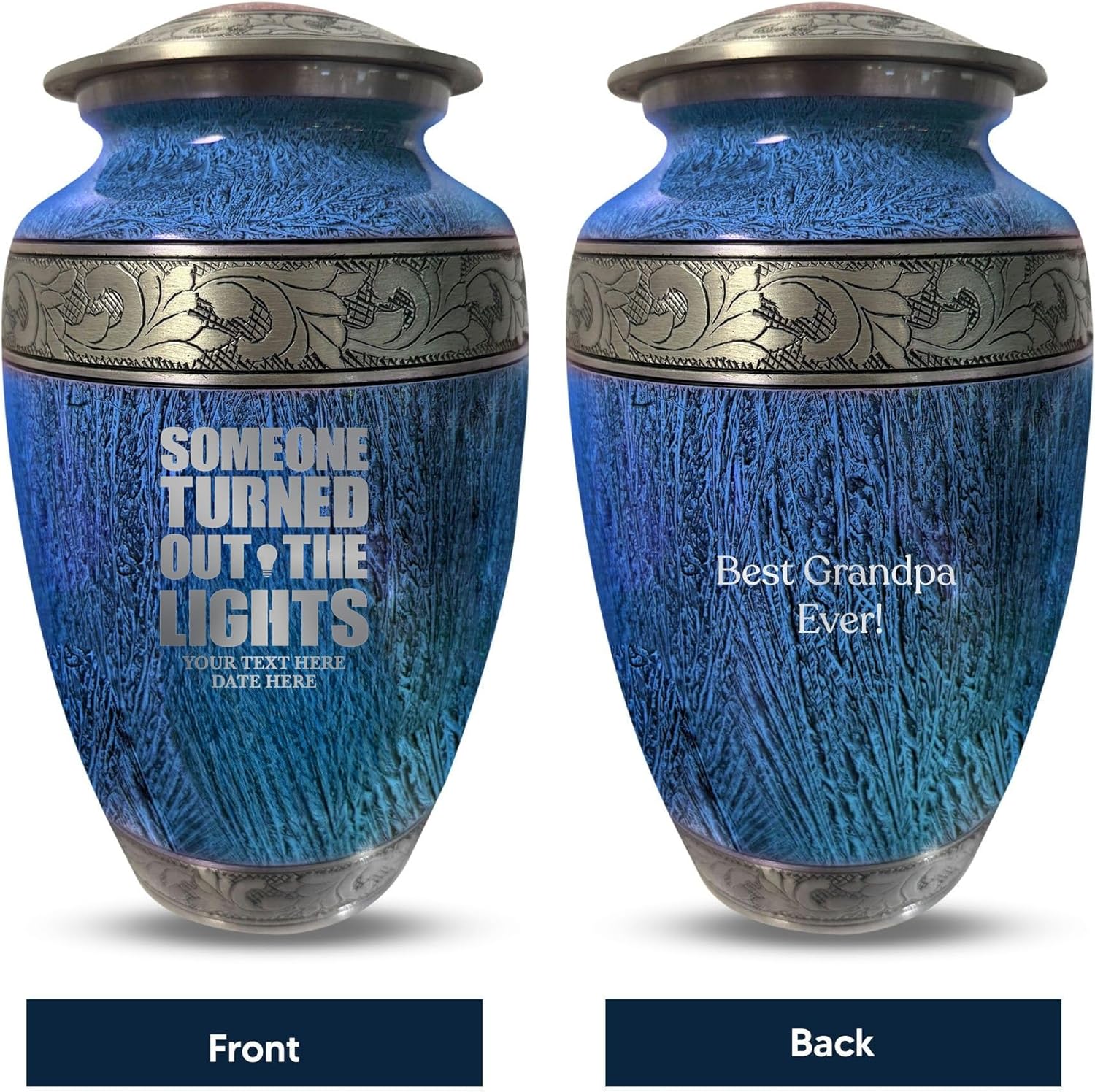 Personalized Large Adult Cremation Urn with Funny Engraved Design 200 Cubic Inches Blue
