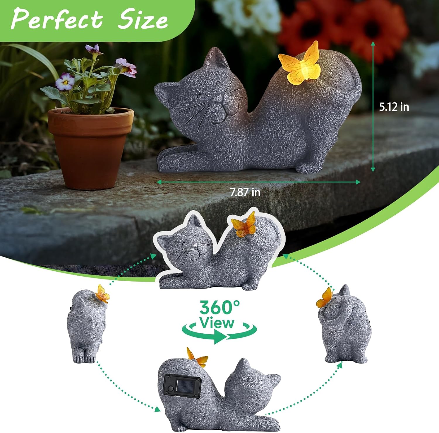 Solar Cat Garden Statue with Glowing Butterfly