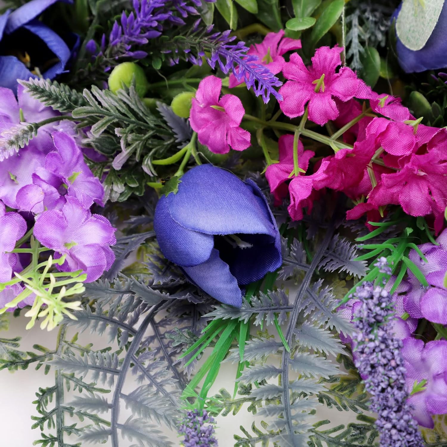 Spring Wreath for Front Door with Lavender Tulips and Green Leaves