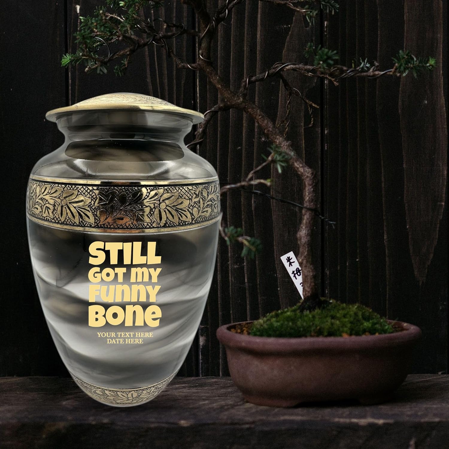 Custom Cremation Urn with Humor Engraving and Gold Design