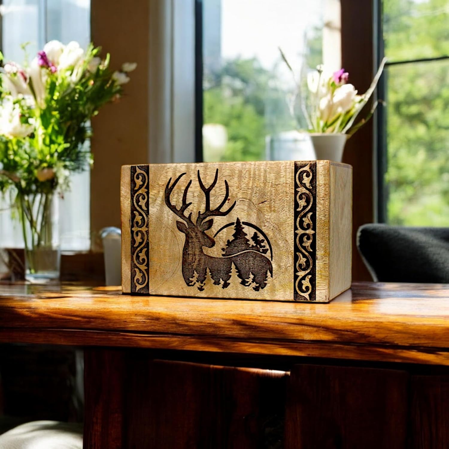 Handcrafted Wooden Cremation Urn with Deer Engraving