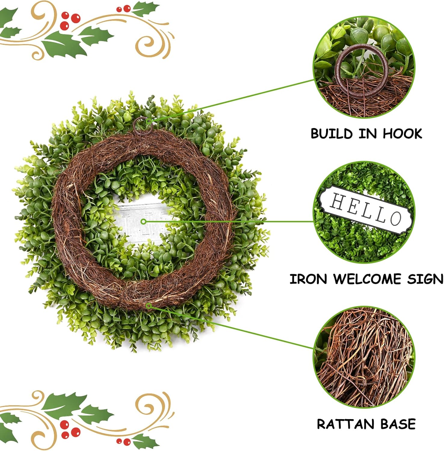 DDHS 24 Inch Artificial Boxwood Wreath for Front Door