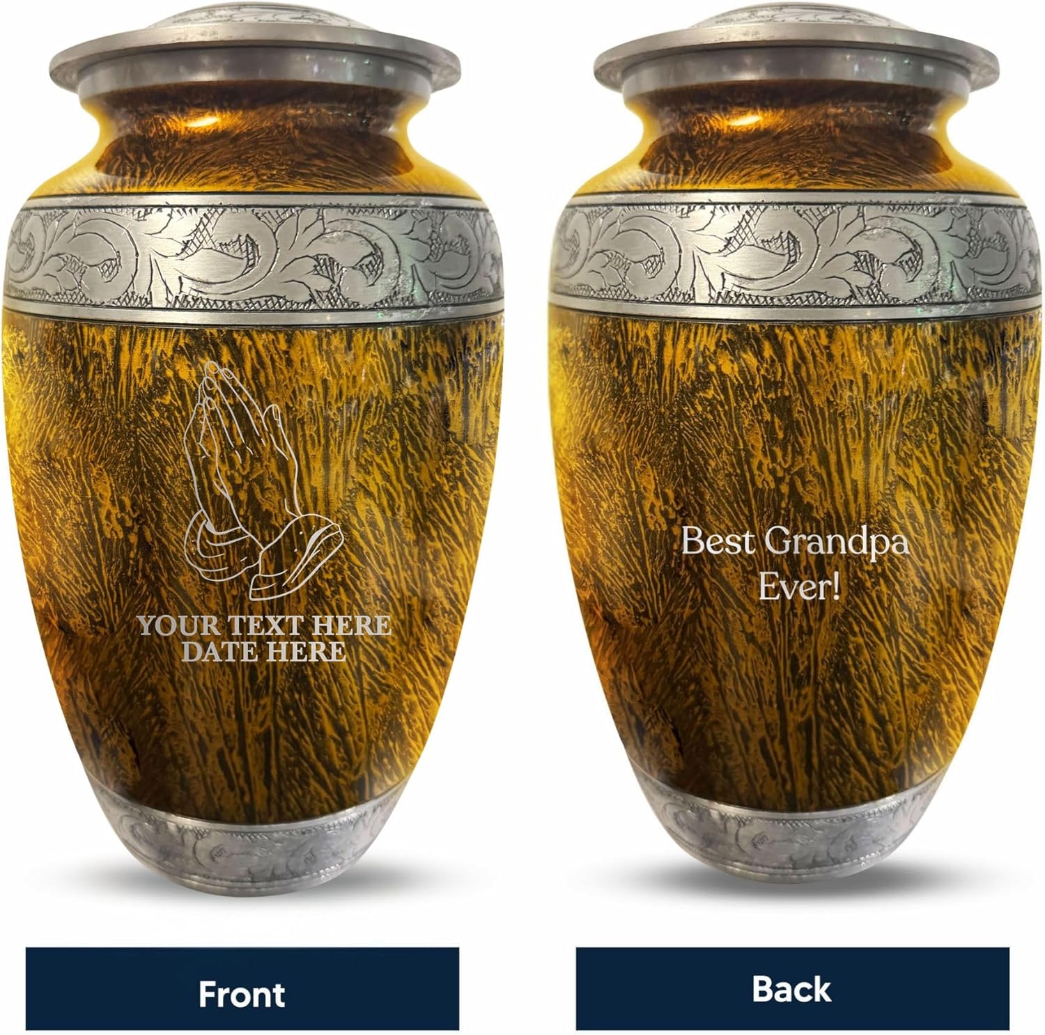 Elegant Personalized Cremation Urn - Praying Hands Design 200 Cubic Inch Gold