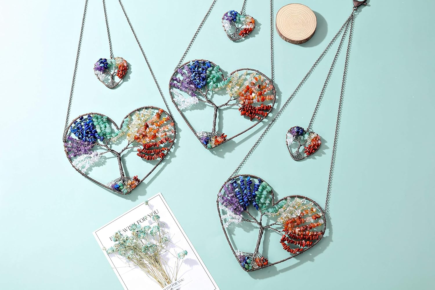 JOVIVI Double Heart Tree of Life Healing Crystal Wall Hanger