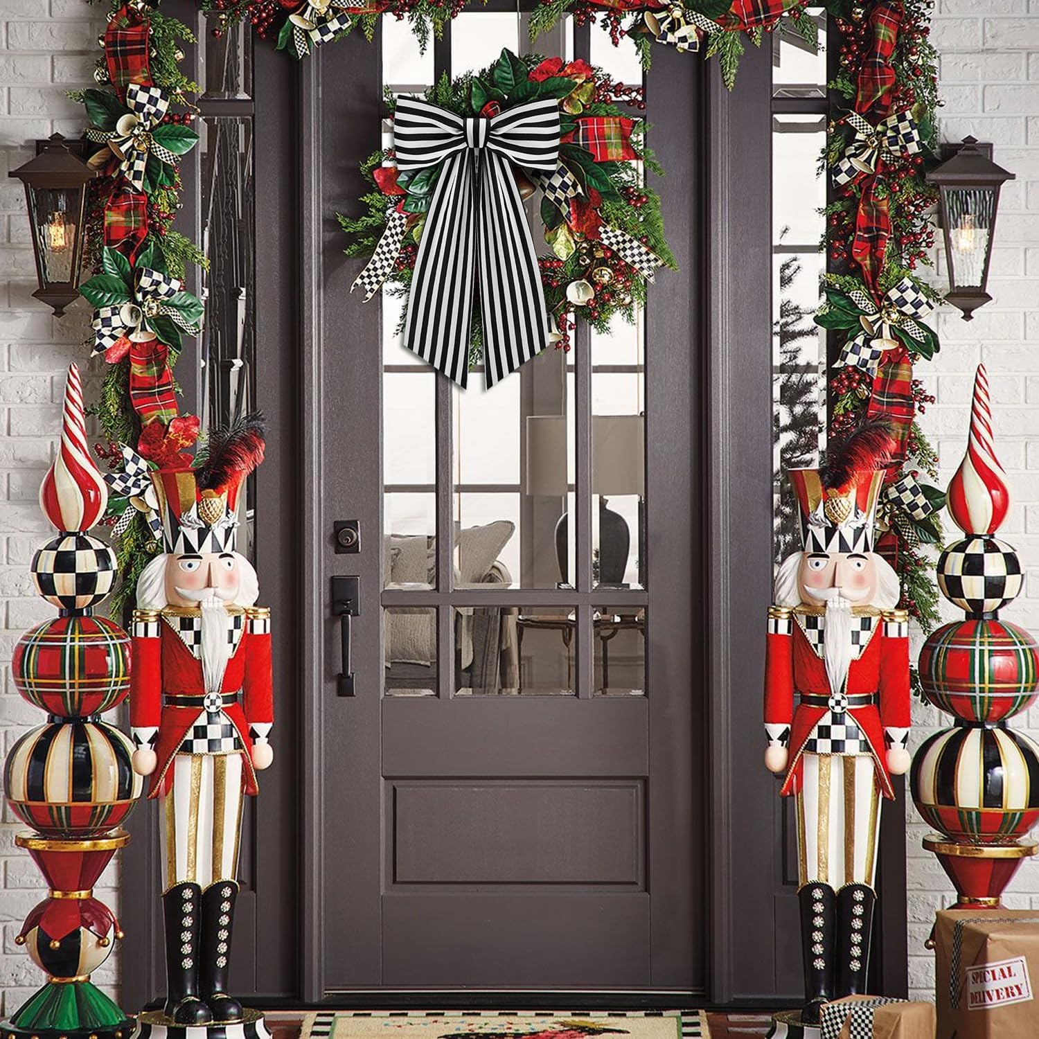 2 Pack Black and White Stripe Boxwood Wreath Sash