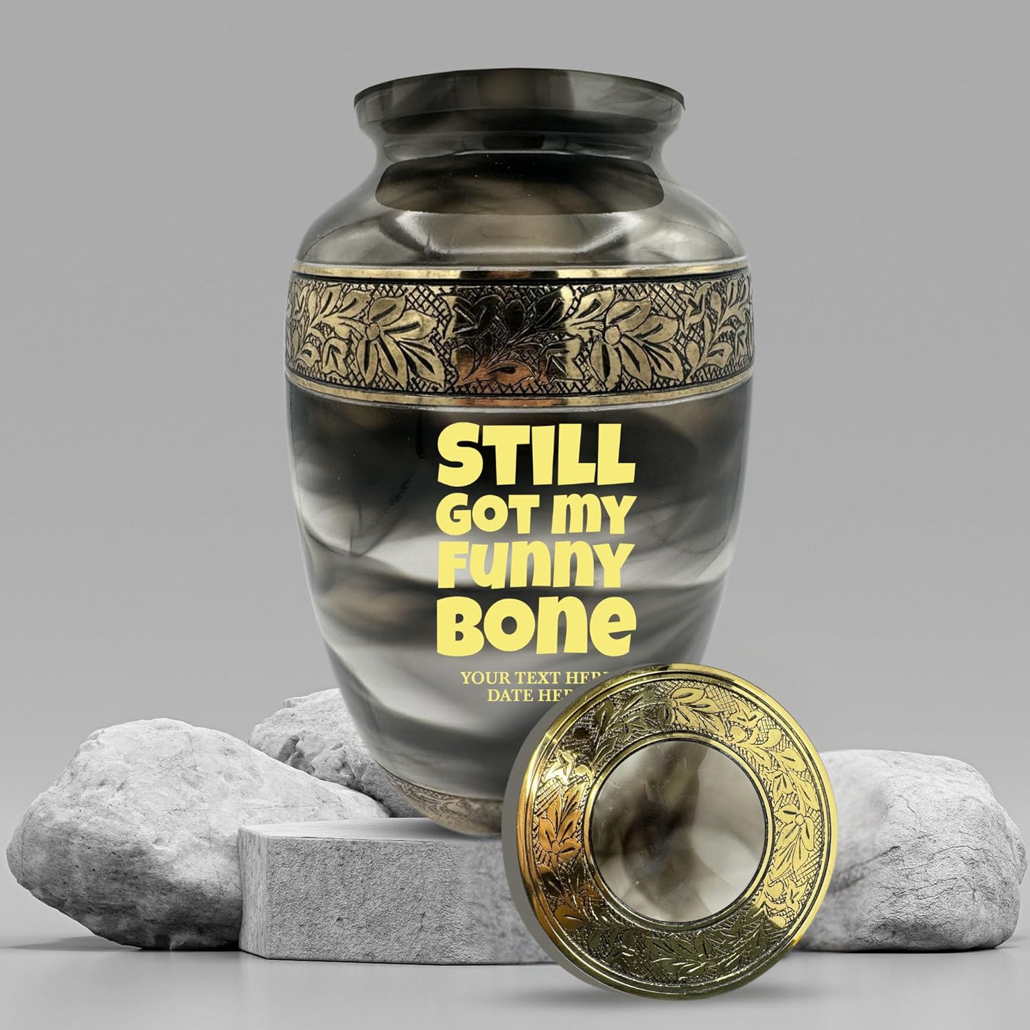 Custom Cremation Urn with Humor Engraving and Gold Design