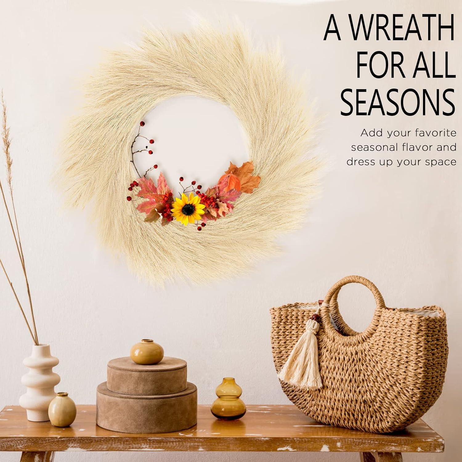 Hananona Artificial Pampas Grass Wreath 26 Beige 1pc