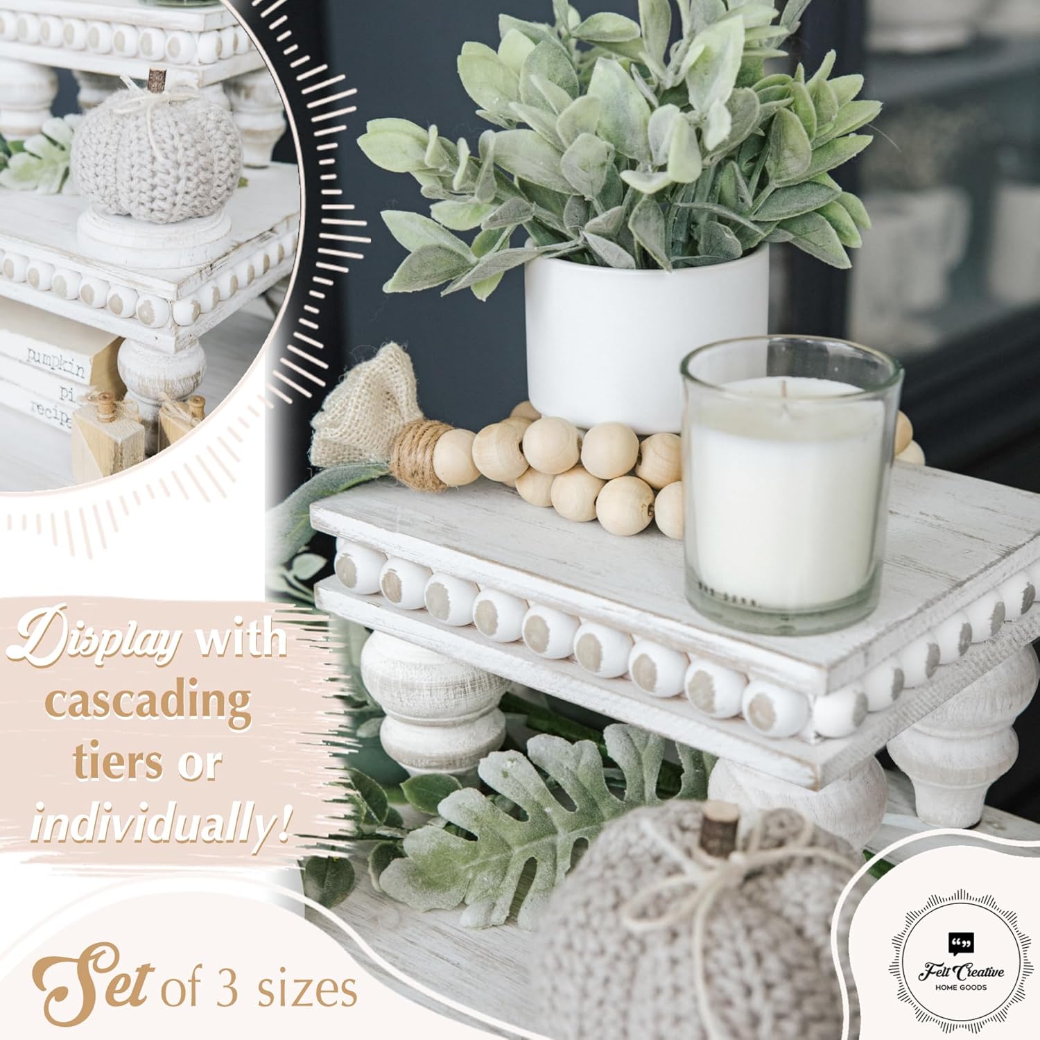 Wooden Tiered Tray Stand Set of 3 White Farmhouse Decor