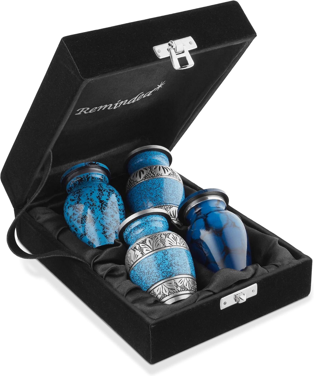 Reminded Small Cremation Urns Set of 4 Blue and Silver with Velvet Case