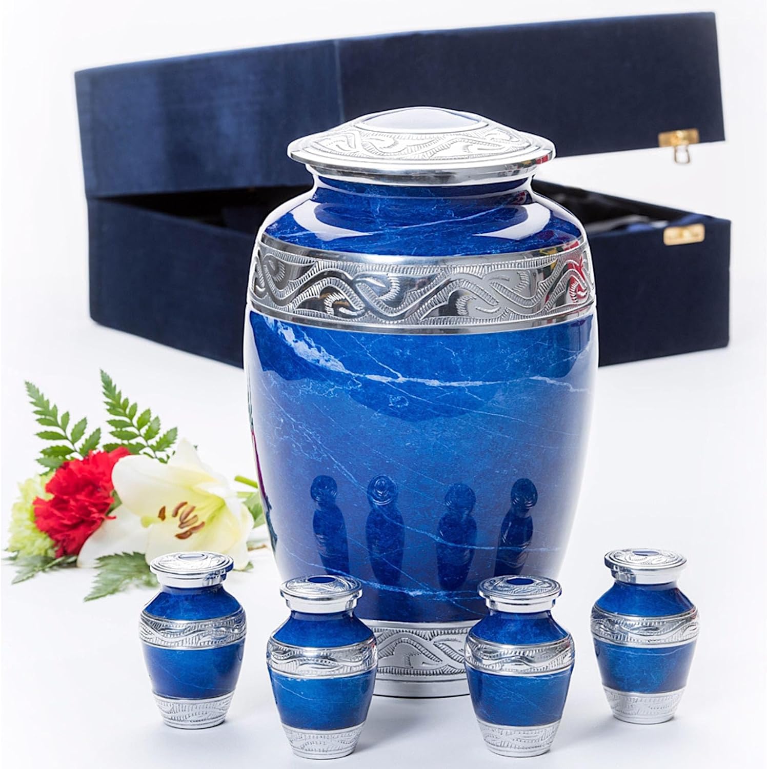Blue Marble Cremation Urn with 4 Keepsake Urns and Velvet Case
