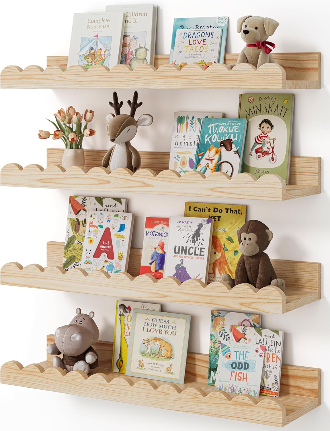 Shario 4-Pack Floating Wood Book Shelves for Kids Wall