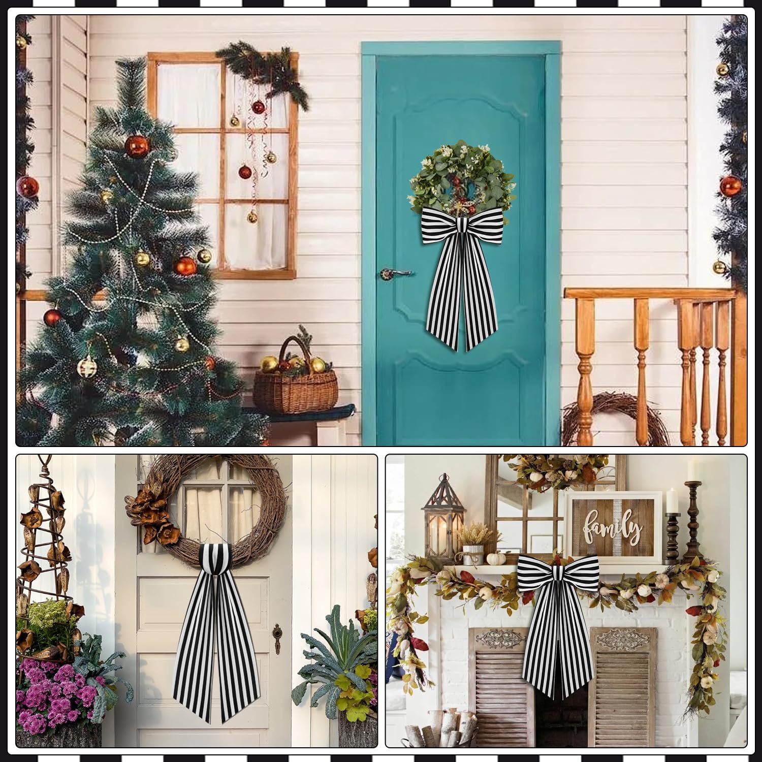 2 Pack Black and White Stripe Boxwood Wreath Sash