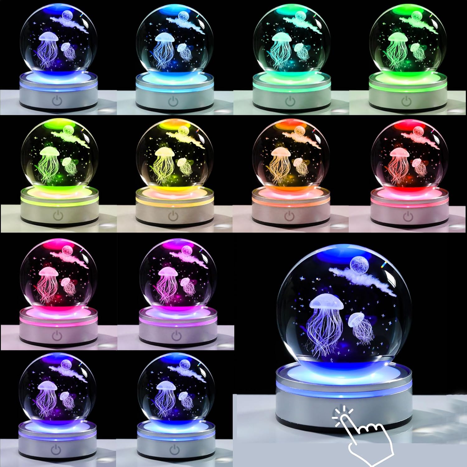 Movdyka 3D Crystal Jellyfish Night Light Decor Figurine