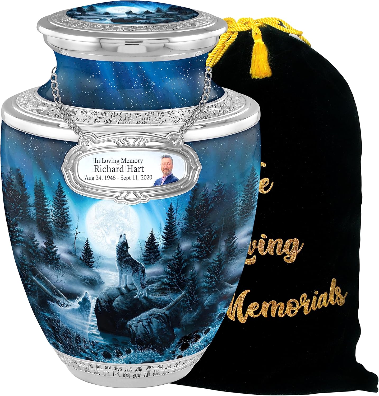 Personalized Wolf Medallion Cremation Urn - 200lbs Handcrafted Ashes Urn with Velvet Bag