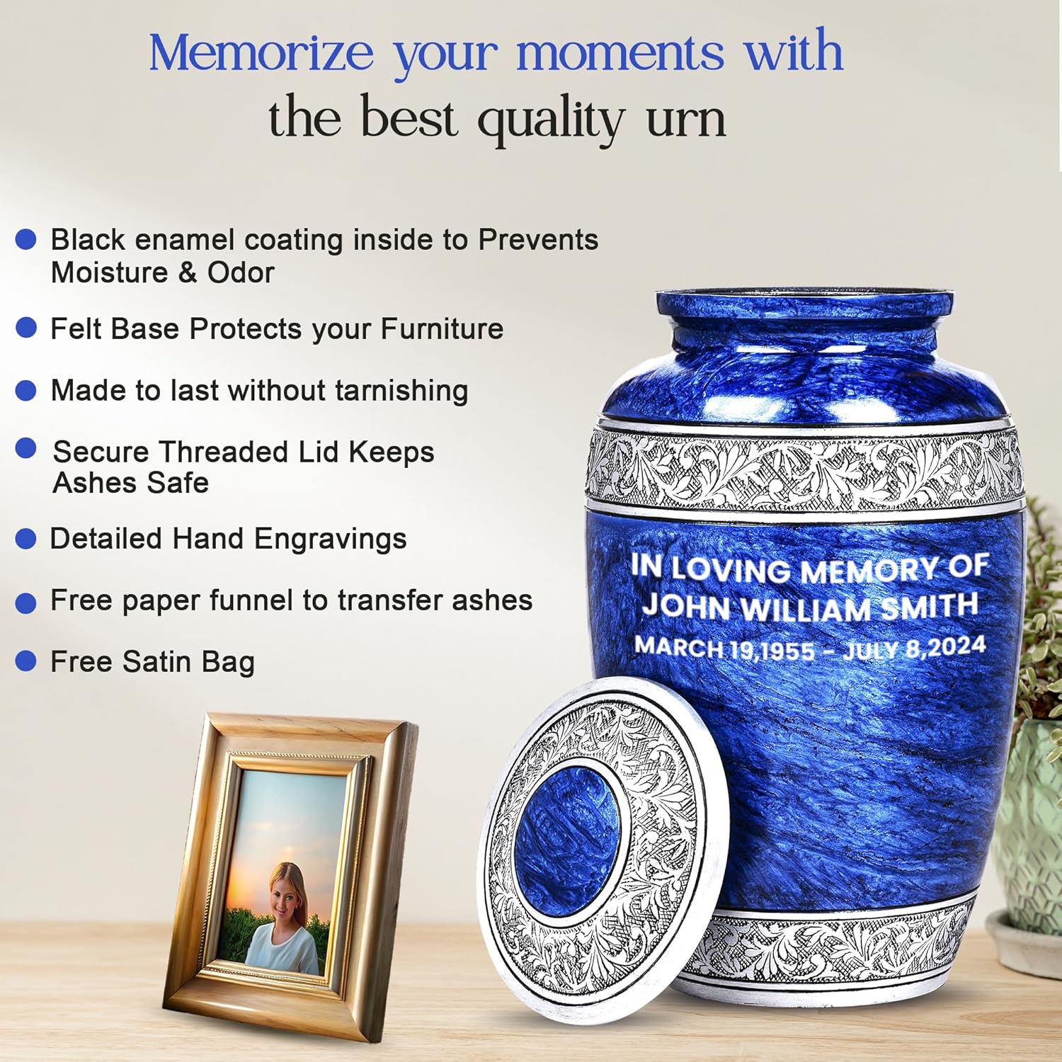Personalized Blue Urn for Human Ashes with Necklace