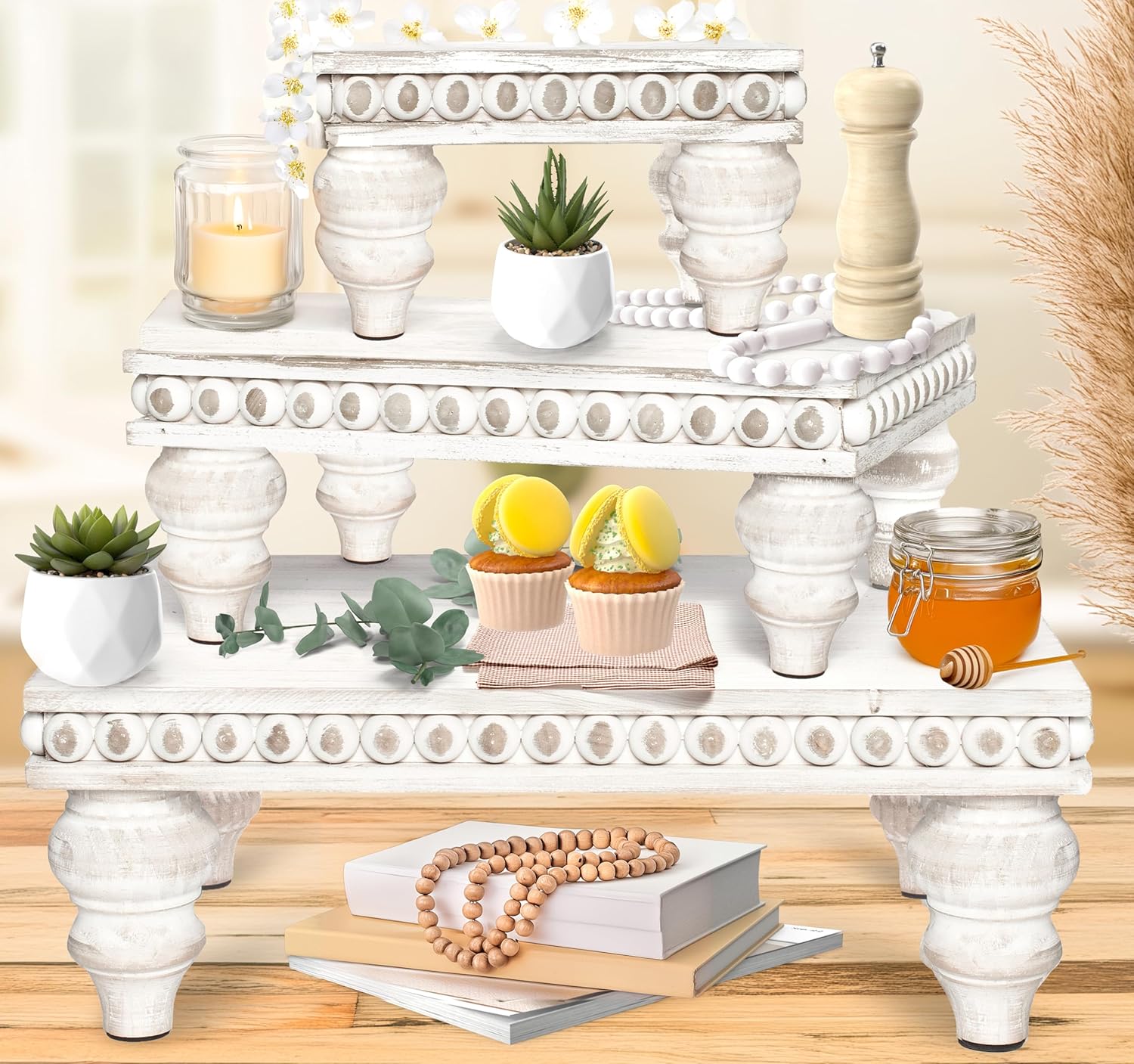 Wooden Tiered Tray Stand Set of 3 White Farmhouse Decor