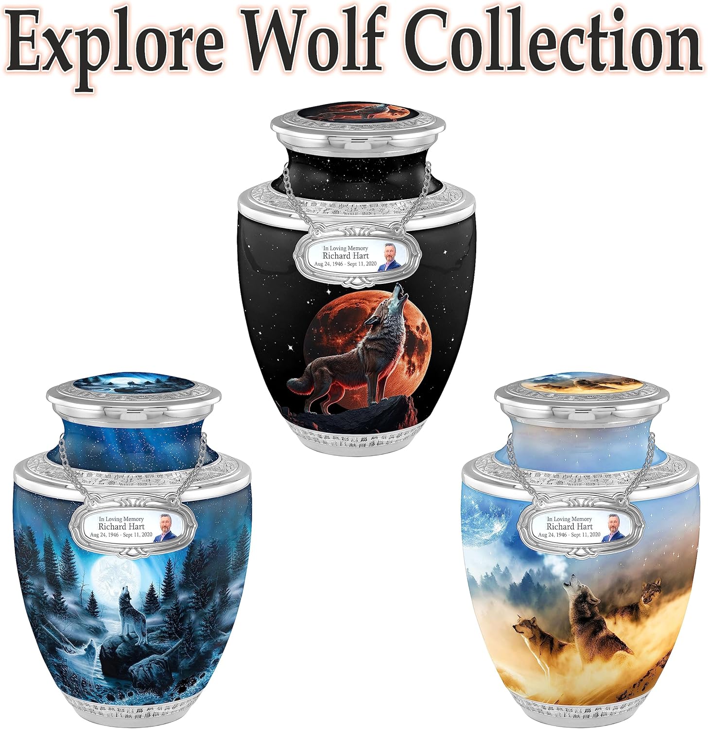 Personalized Wolf Medallion Cremation Urn - 200lbs Handcrafted Ashes Urn with Velvet Bag