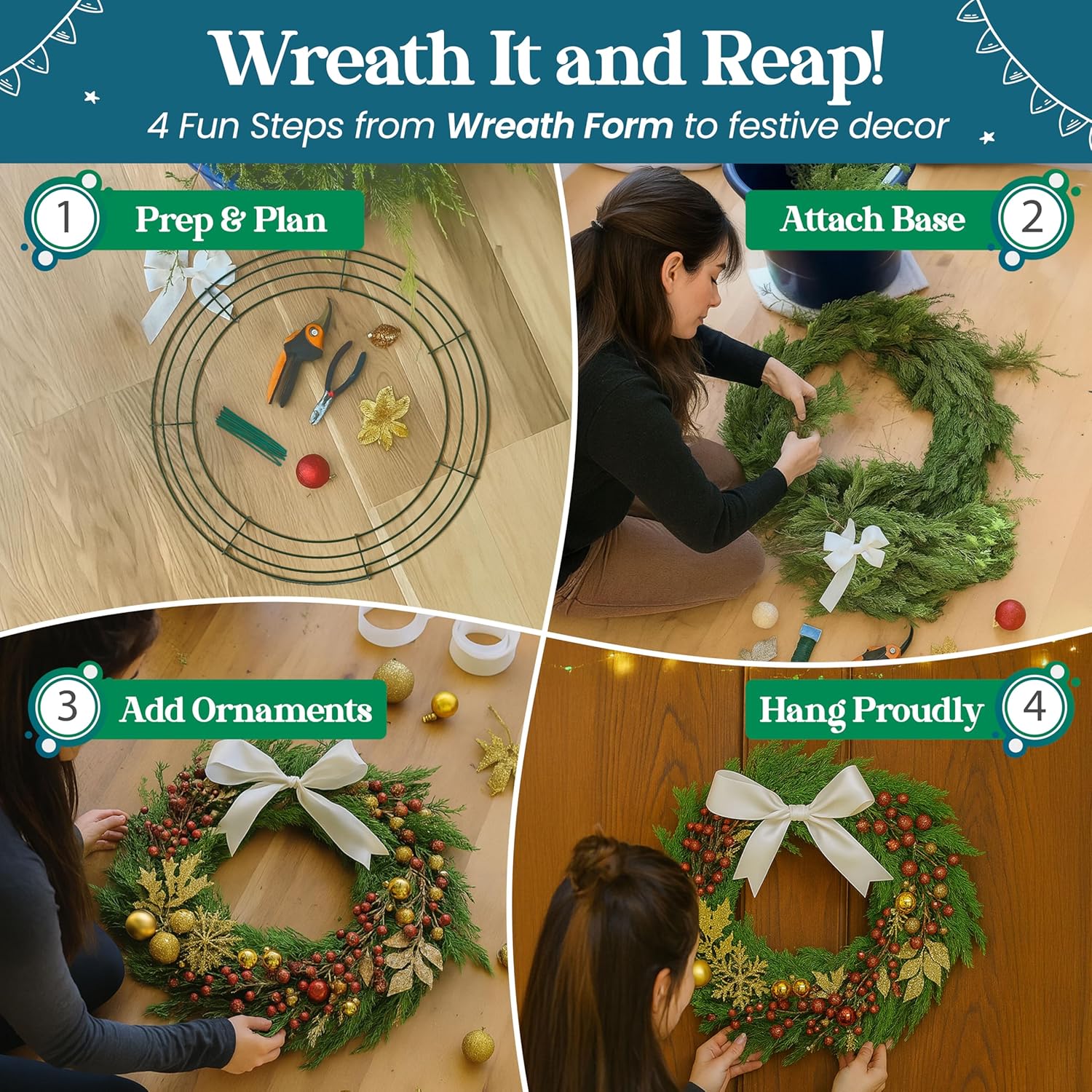 2-Pack 14 Inch Dark Green Wreath Frame with 4 Hoops