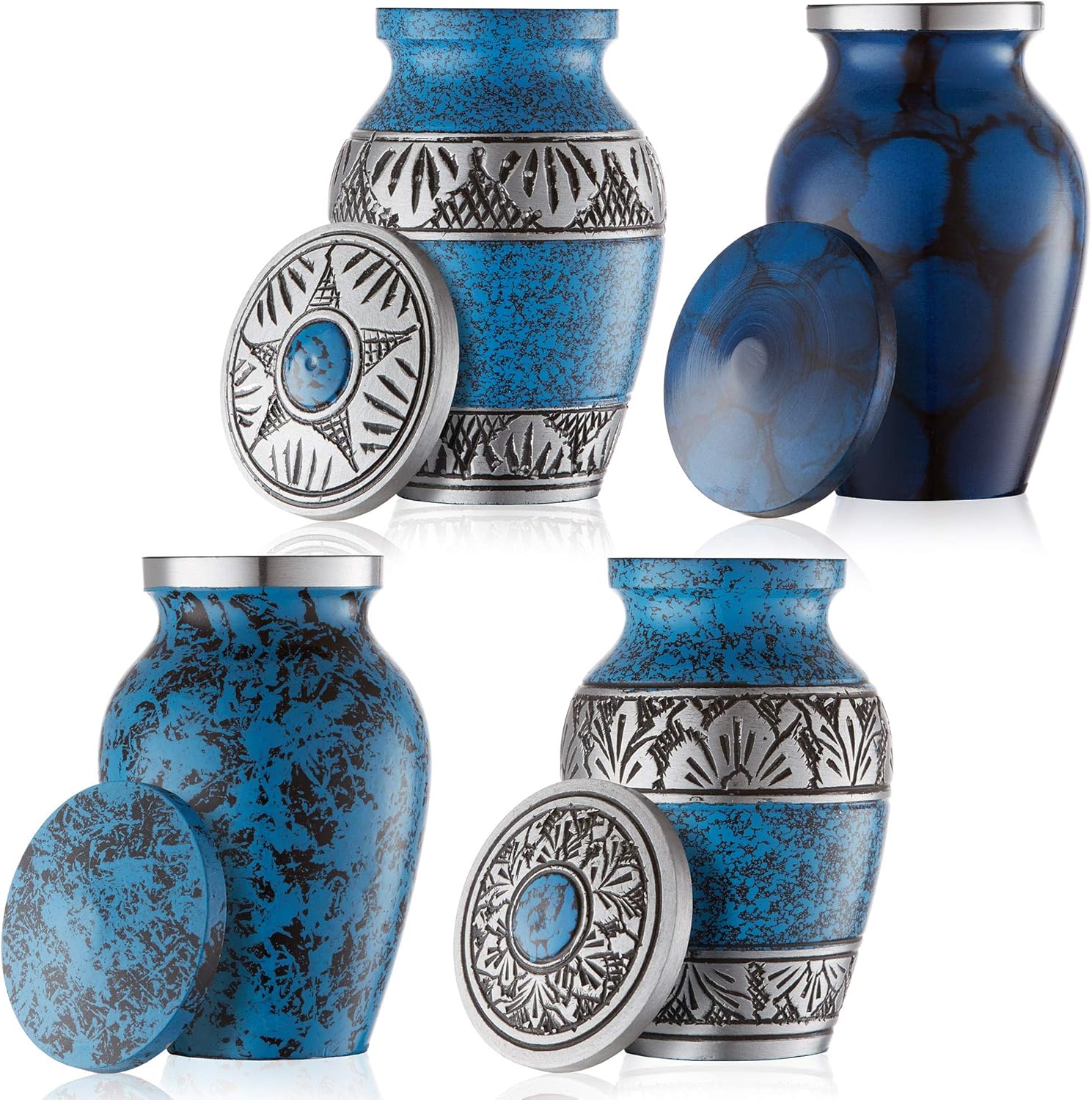 Reminded Small Cremation Urns Set of 4 Blue and Silver with Velvet Case