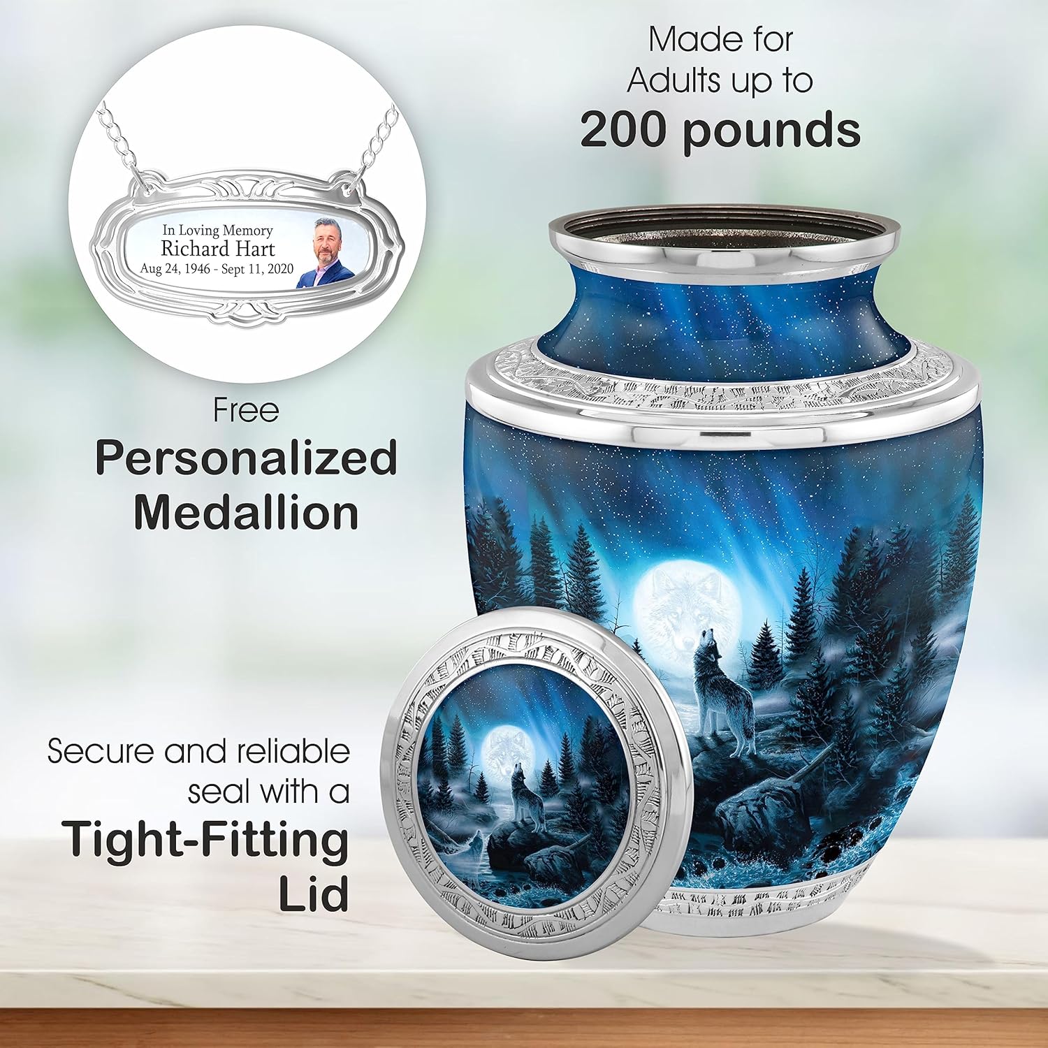 Personalized Wolf Medallion Cremation Urn - 200lbs Handcrafted Ashes Urn with Velvet Bag